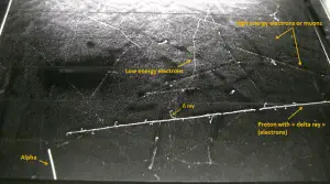 Comparación de partículas en una cámara de niebla.  Fuente: wikipedia.org